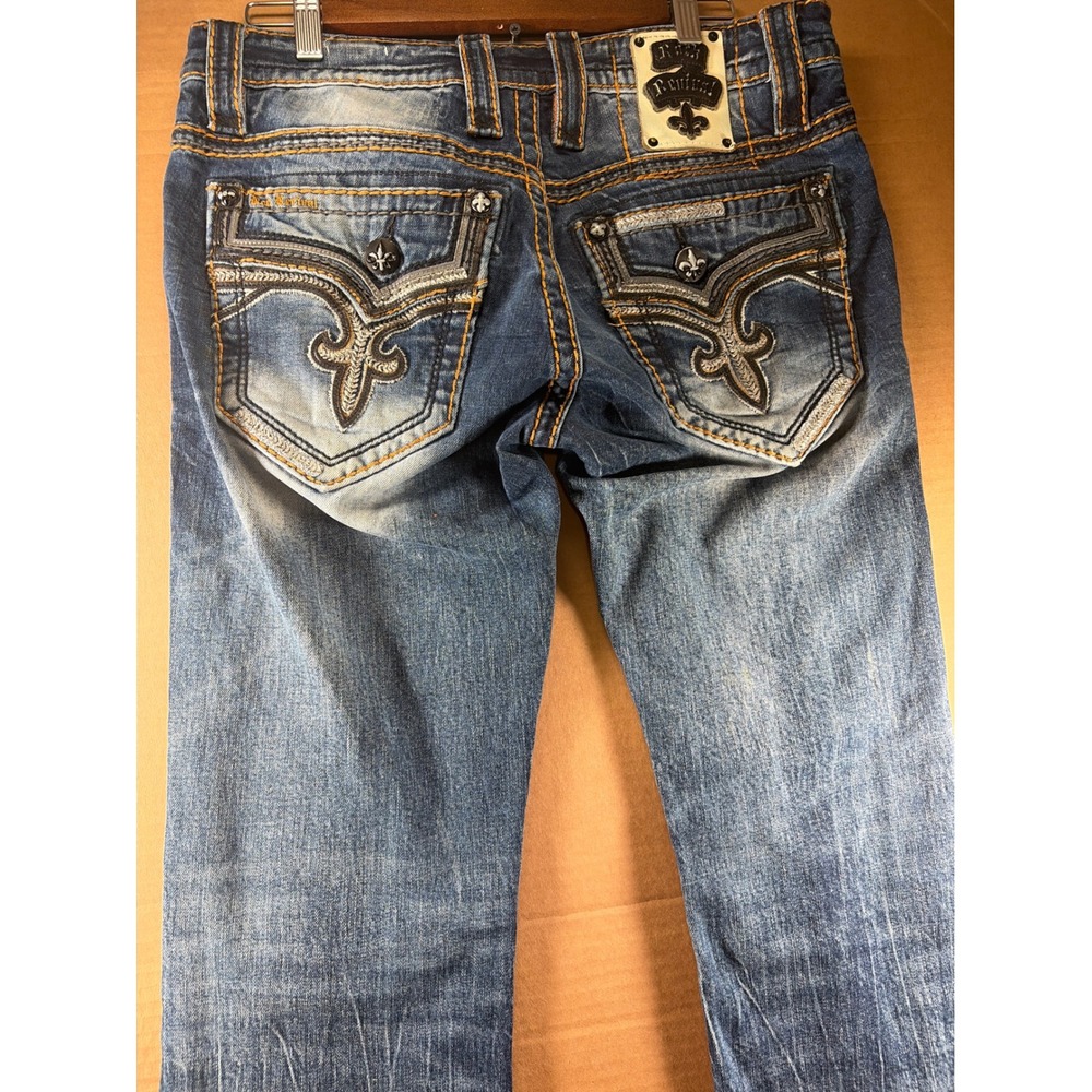 Rock Revival Foxe Slim Straight Jeans Mens 30 Blue Embroidered Flap Pocket Denim